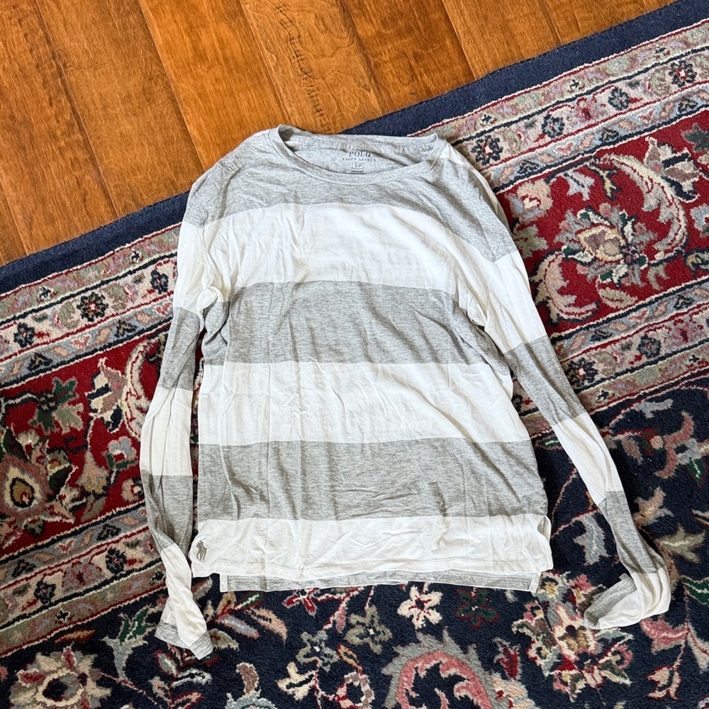 Ralph Lauren Striped Long Sleeve Tee in White and Light Gray